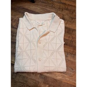 Aeropostale Womens Med Cream Geometric Pointelle Knit Short Sleeve Button Sweatr